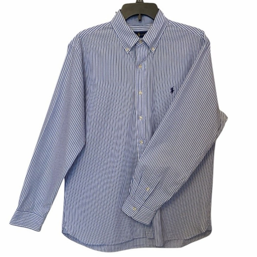 Ralph Lauren Blue White Striped Button Down Shirt Large Crinkle Finish Classic